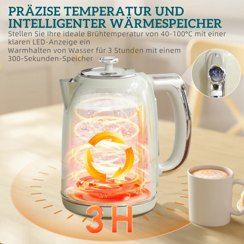 HOMCOM Waterkoker- en Broodrooster-set, LED-display, 1,7 liter, 2200W, Retro-design, Memory-functie, Grijs(m-5)