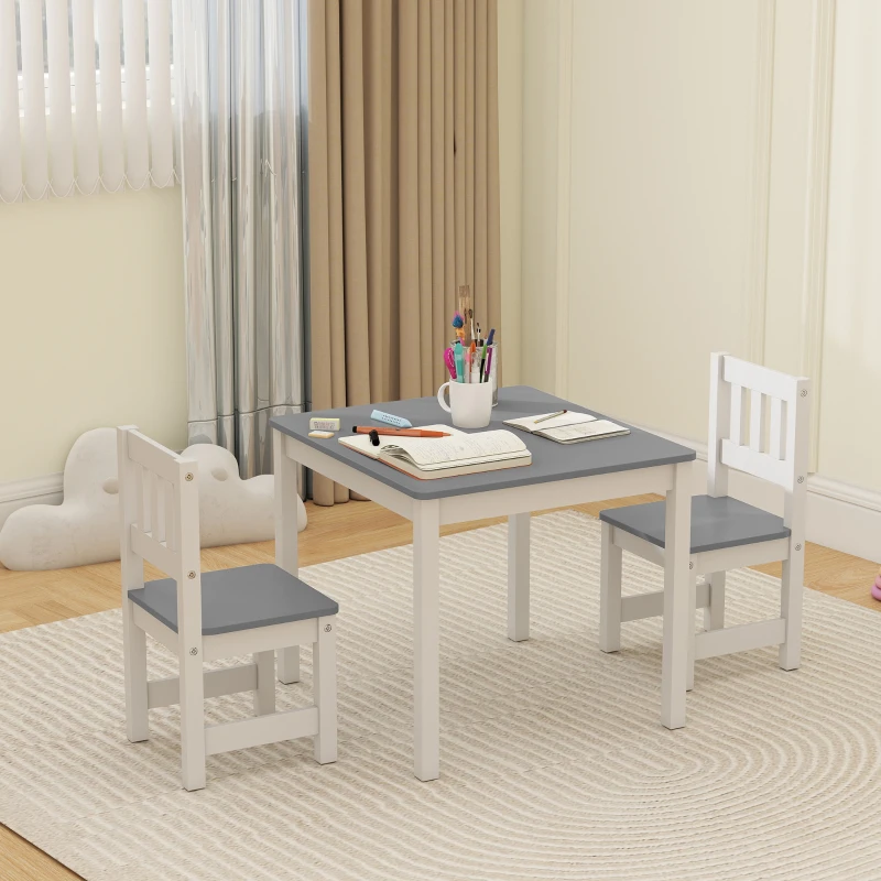 AIYAPLAY Set Tavolo e Sedie per Bambini da 3-8 Anni 3 pz in Legno con Bordi Arrotondati, Grigio e Bianco