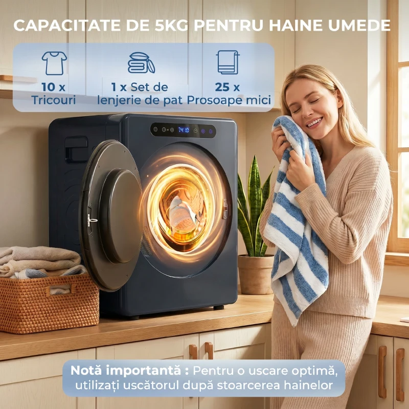 HOMCOM Mini uscător electric 1000W, 3 kg, cu display LED, 49 x 43 x 61 cm, albastru