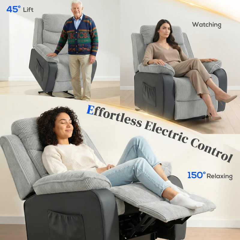 HOMCOM Overstuffed Corduroy Electric Lift Recliner Chair - Light Grey