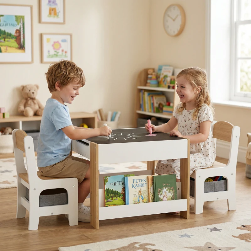 HOMCOM Set masă copii 3 în 1 cu 2 scaune, tablă detașabilă, bibliotecă și cutii textile, natur, 3-8 ani