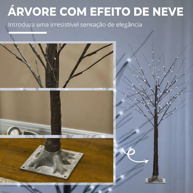HOMCOM Árvore de Vidoeiro Artificial 150 cm com 96 LEDs Branco Frio, Neve Artificial, Base Metálica e Decoração de Natal Castanha