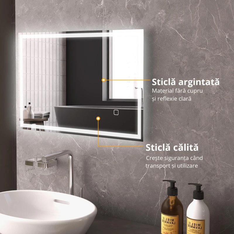 HOMCOM Oglindă de baie Oglindă de perete cu LED-uri. Comutator tactil, Alb