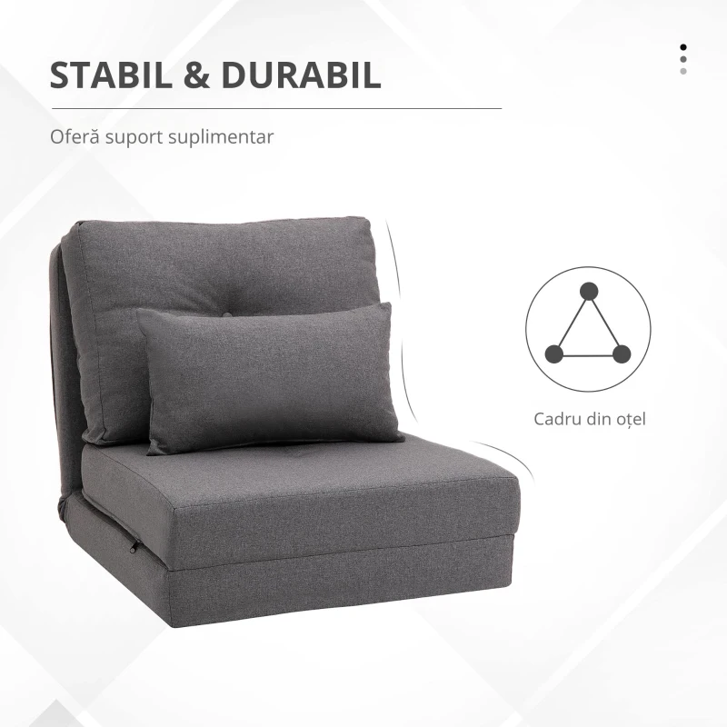 HOMCOM Fotoliu de podea cu pat pliabil, design 2 în 1, pernă detașabilă, 60 x 80 x 56 cm, Gri închis
