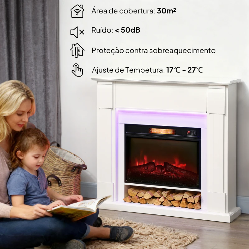 HOMCOM Lareira Elétrica com Efeito de Chama 3D e Tira de Luz LED RGB 1800W Temporizador  para 30 m² 105x27x97 cm Branca