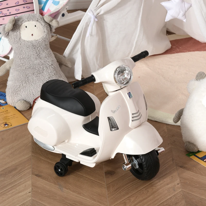 HOMCOM Mota Elétrica Vespa 6V com Farol Buzina e Rodas Auxiliares para Crianças de 18-36 Meses Branco 66,5x38x52 cm