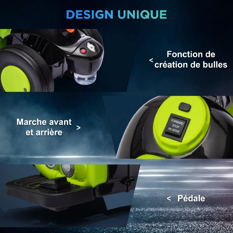 AIYAPLAY Moto électrique enfants 2-5 ans, 3 roues, 6 V, 3 km/h, avec fonction de bulles, effets lumineux et sonores, vert