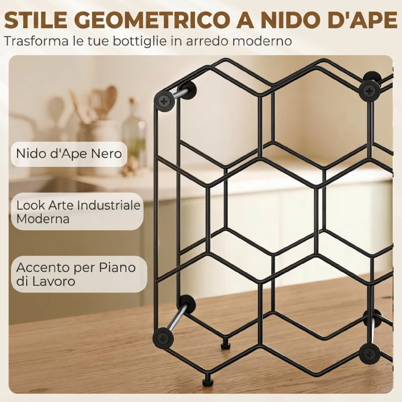 HOMCOM Portabottiglie Design Geometrico a Nido d'Ape, Nero