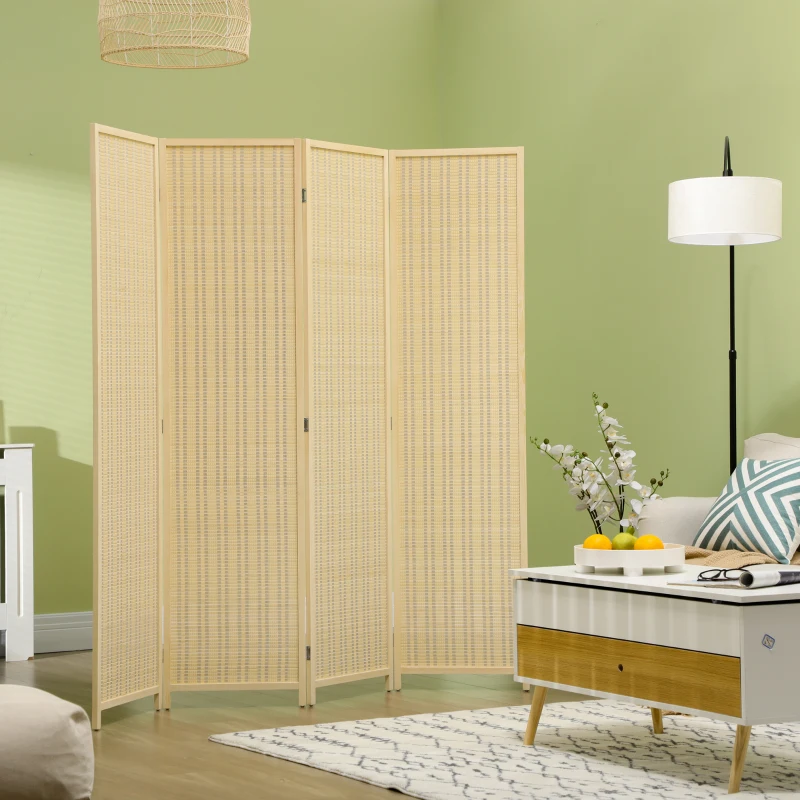 HOMCOM Biombo de 4 Painéis Dobrável Separador de Ambientes Tecido a Mão de Bambu e Fio de Algodão 180x180 cm Madeira