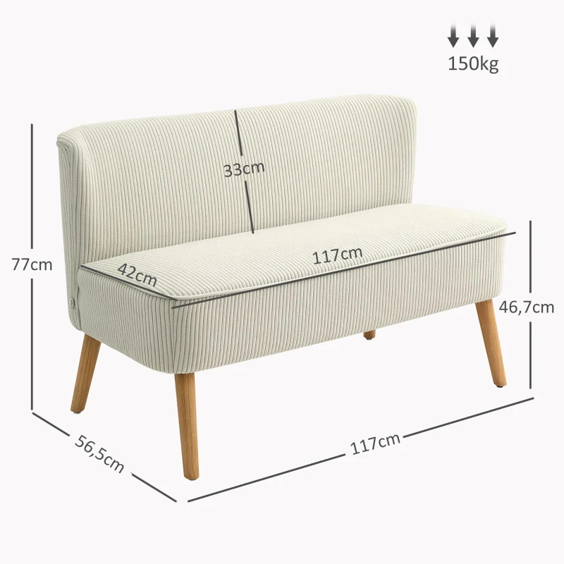 HOMCOM Canapea cu două locuri, umplutură moale, husă ușor de întreținut, până la 150 kg, 117 x 56,5 x 77 cm, Alb crem