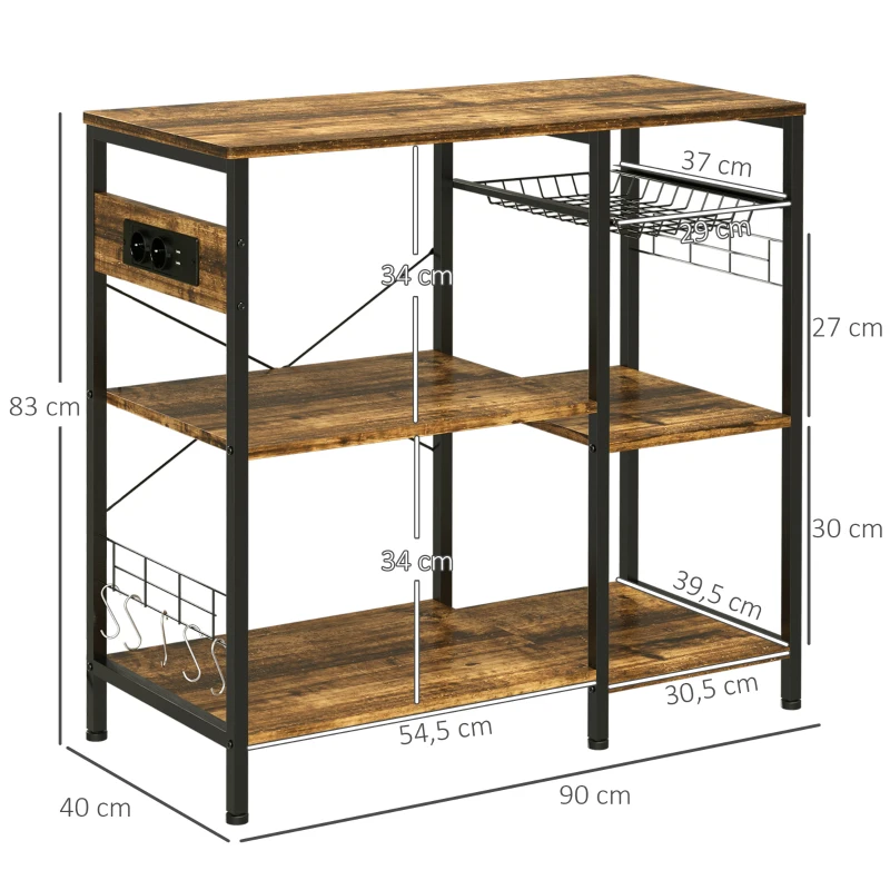 HOMCOM Estante de Cozinha Estilo Industrial com Tomada Elétrica Prateleiras Ajustáveis Ganchos e Cesta Metálica 90x40x83 cm Marrom Rústico