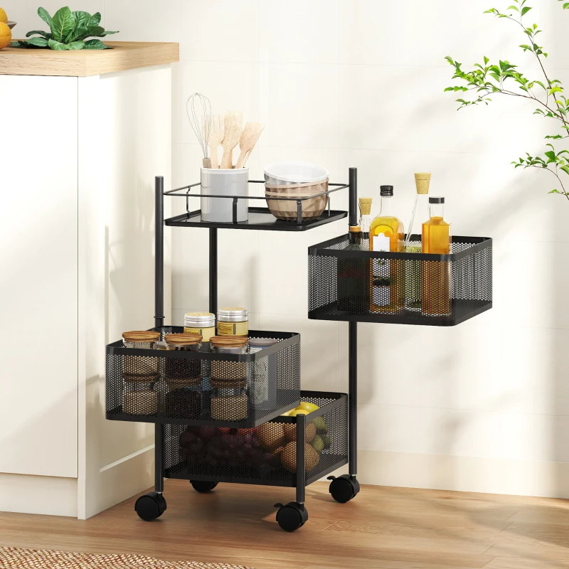 HOMCOM Carrello Cucina a 3 Livelli con Cestini in Metallo Girevoli, Ruote e Freno, 27.5x27.5x62 cm, Nero