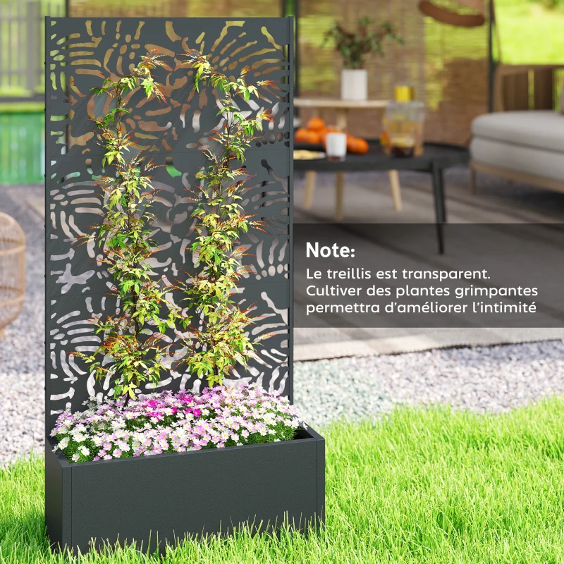 Outsunny Jardinière avec treillis, bac à fleurs, avec brise-vue, pour plantes grimpantes, métal, 90 x 35 x 180 cm, noir