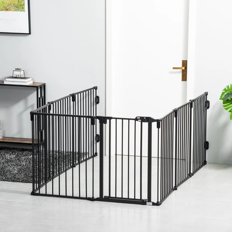 PawHut Barrière de Sécurité pour Cheminée, Parc Enclos Chien Pliable Modulable 8 Panneaux avec Porte, sans Perçage