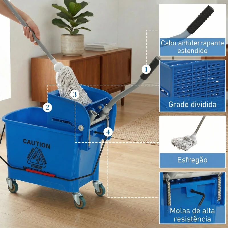 HOMCOM Balde de Limpeza com Escorredor, Painel Separador e Rodas Capacidade de 20L para Limpeza Doméstica 45x26,5x70 cm Azul