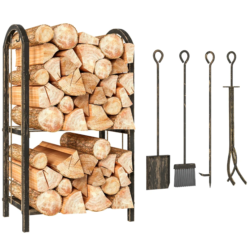 Outsunny Porta-Lenha Metálico de 2 Níveis com 4 Ferramentas para Lareira e Ganchos 43x30x74 cm Castanho Escuro