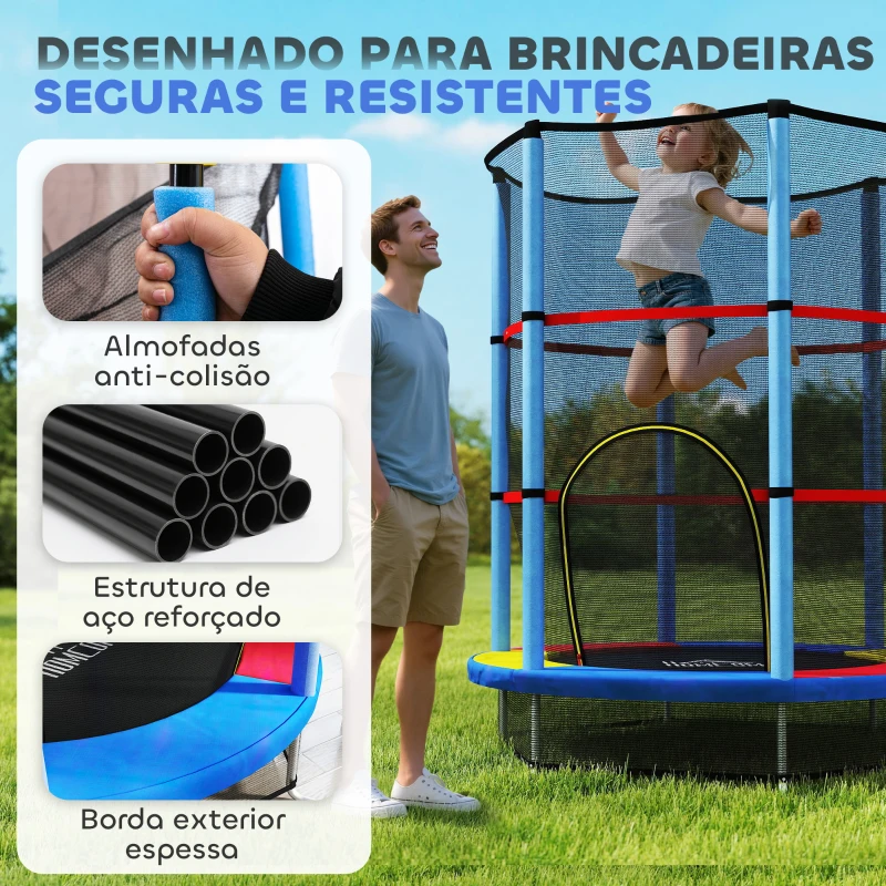 HOMCOM Trampolim Infantil Ø140x190 cm Trampolim para Crianças de 3-6 Anos com Rede de Segurança Carga 45 kg para Interior Azul