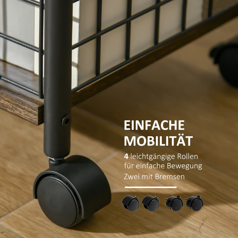 HOMCOM keukenwagen met industrieel ontwerp, 1 plank, 1 opbergmand, 4 wielen, 40 cm x 30 cm x 62 cm, staal zwart + bruin