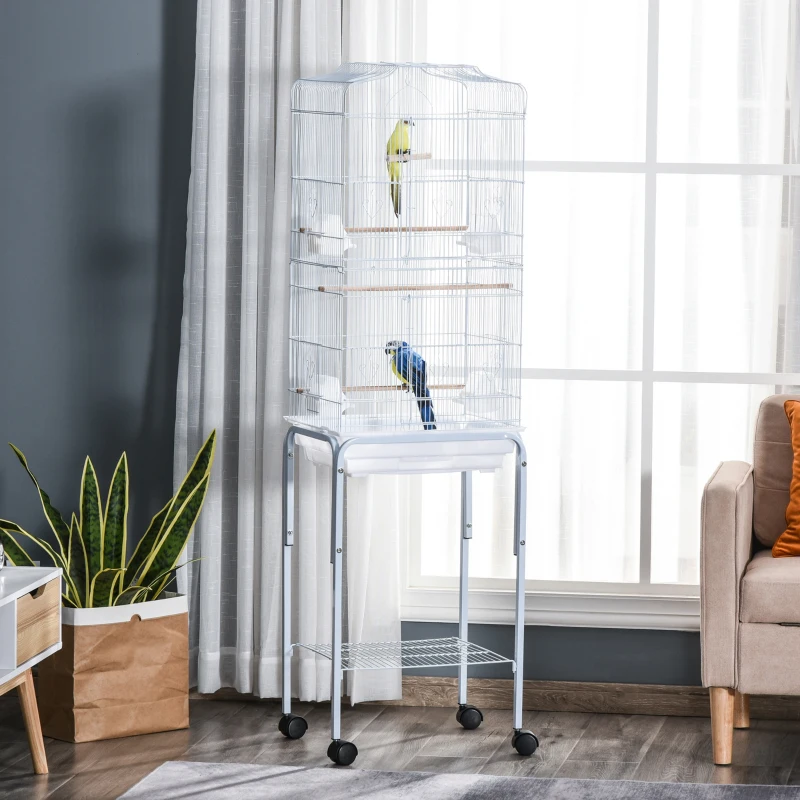 PawHut Cage à oiseaux sur pied volière oiseaux sur roulettes toit ouvrant 3 perchoirs étagère inférieure 46,5x36x157cm blanc