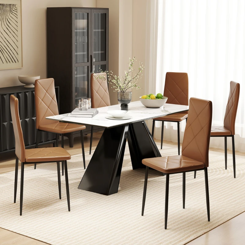 HOMCOM, Set de 6 Scaune de Dining Moderne, Cu Spătar Înalt, din Piele Ecologică și Oțel, 41x50x97 cm, Maro