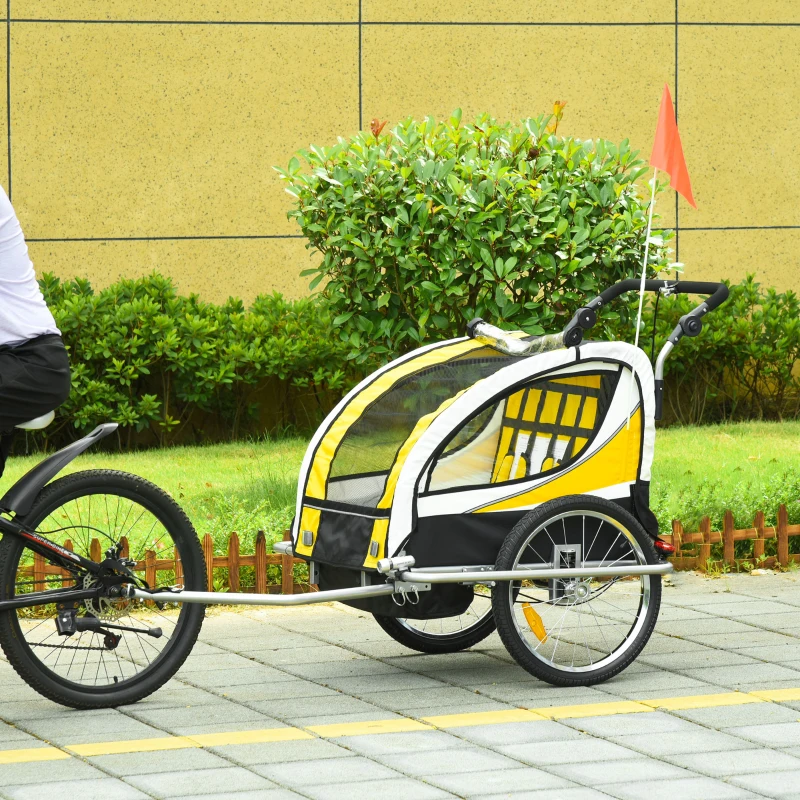 HOMCOM Remolque para Bicicleta con Barra para Niños de 2 Plazas con Rueda Delantera Giratoria 360° y Asiento Acolchado Carga Máx. 40 kg Amarillo
