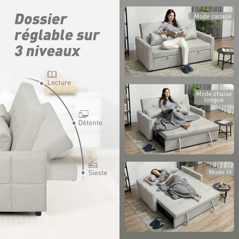 HOMCOM Canapé convertible 2 places 3 en 1, canapé-lit clic-clac, lit gigogne, dossier réglable, 158x85x85cm, marron clair(m-5)