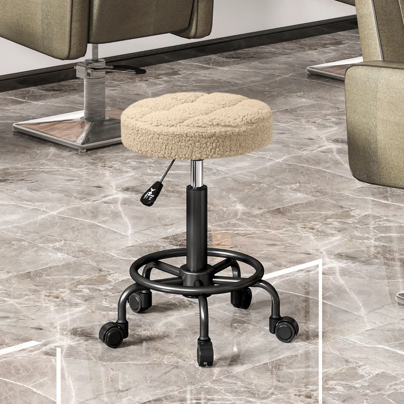 HOMCOM Taburete Giratorio Redondo Taburete con Ruedas Altura Regulable 50-66 cm Asiento Tapizado en Tejido de Borreguito Marrón