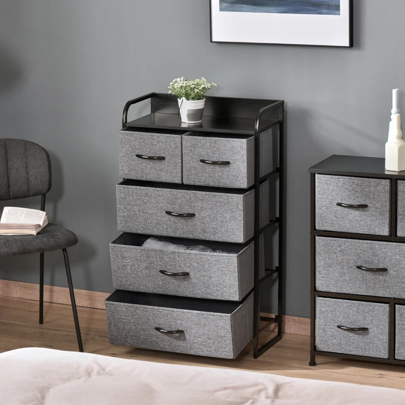 HOMCOM Commode Meuble de Rangement 5 tiroirs Pliables en Tissu 58 x 29 x 99 cm Gris