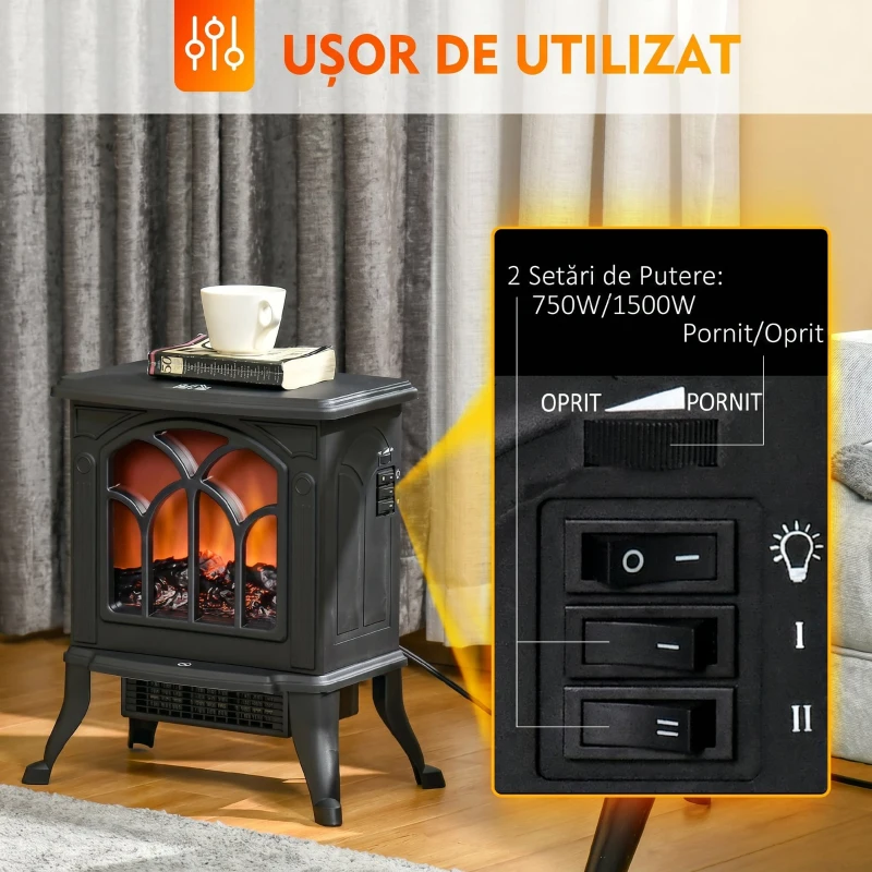 HOMCOM Șemineu Electric de Podea cu 2 Nivele de Putere 750/1500 W, Efect de Flacără, Areal de Acoperire 15-20 m², Negru