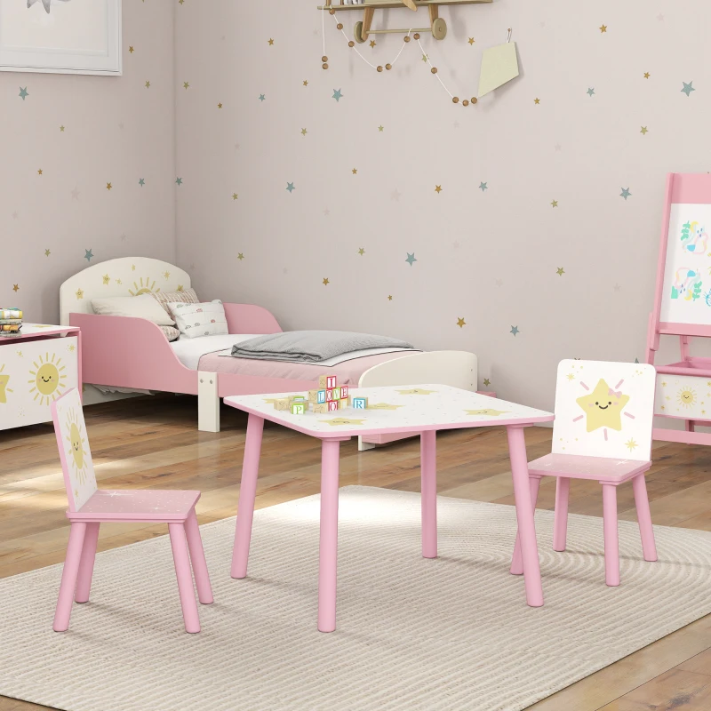 AIYAPLAY Set Arredo Cameretta con Tavolo e 2 Sedie per Bambini da 3-8 Anni con Fantasia a Stelle, Rosa