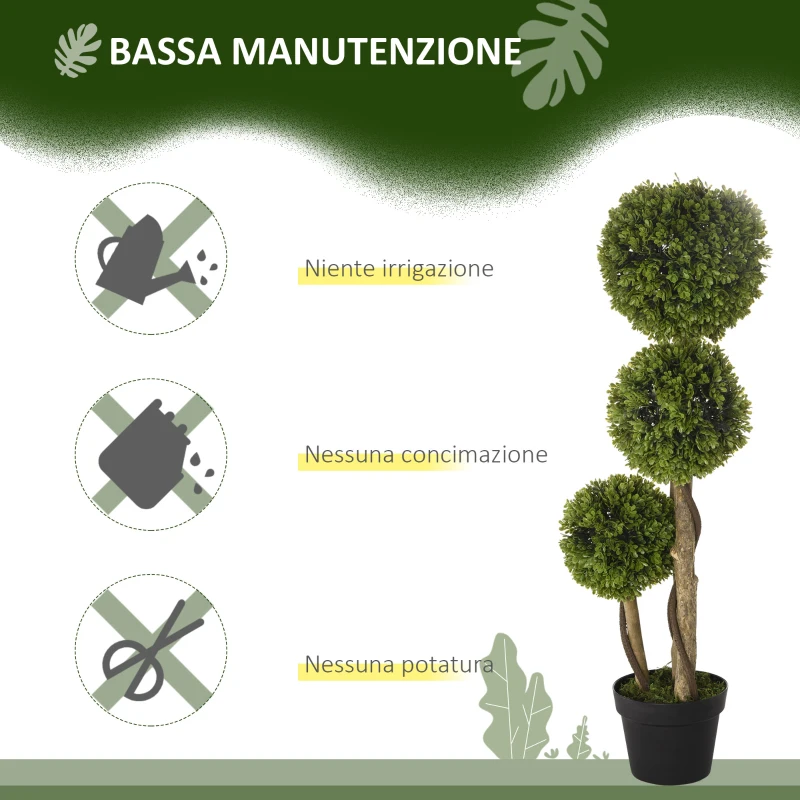 HOMCOM Pianta di Bosso Artificiale a 3 Sfere con Vaso Incluso e Fondo Rinforzato, Altezza 90 cm