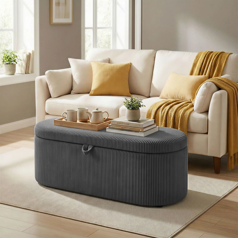 HOMCOM Storage Ottoman, Corduroy Upholstered Ottoman Storage Box with Padded Seat, 105 x 51 x 49 cm, Dark Grey