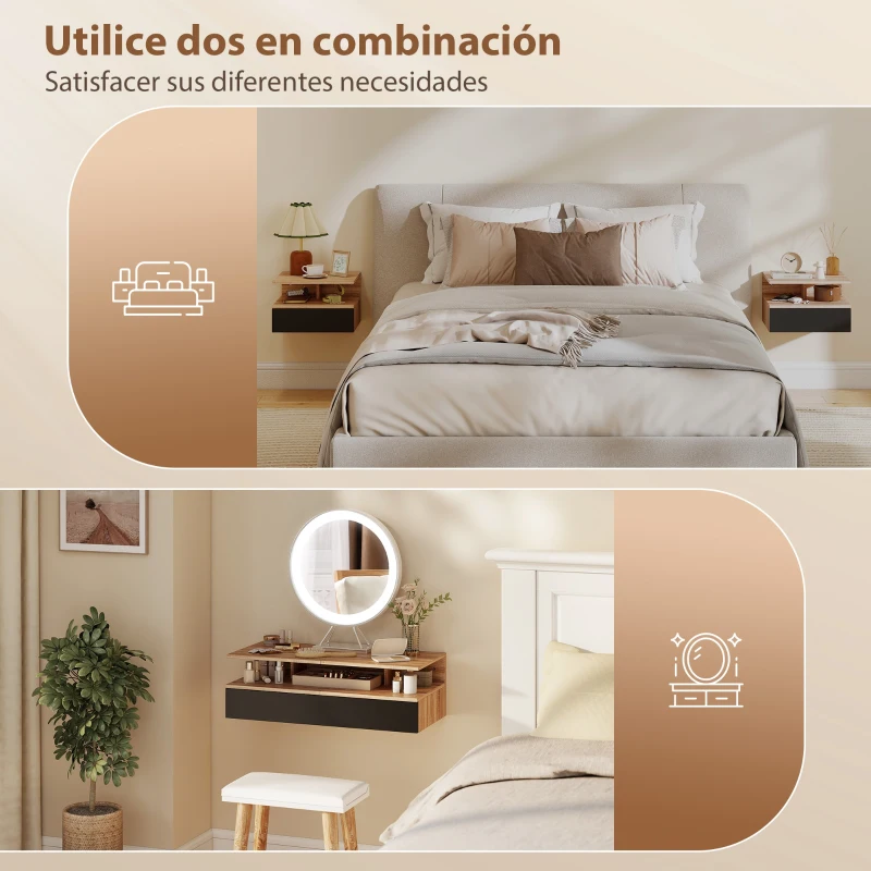 HOMCOM Juego de 2 Mesitas de Noche Flotantes, Mesillas de Noche Dormitorio con Cajón, Estante Abierto, Ahorra Espacio, Diseño Moderno, para Sala de Estar, 35x32x22,5 cm, Roble y Negro