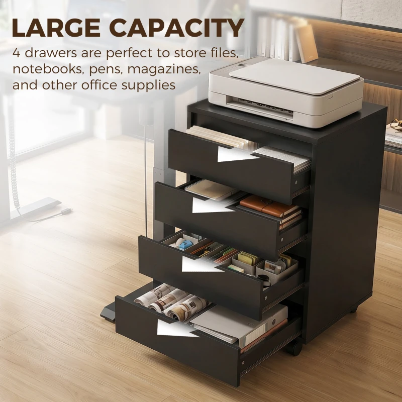 HOMCOM Four-Drawer Office Filing Cabinet, with Wheels - Black