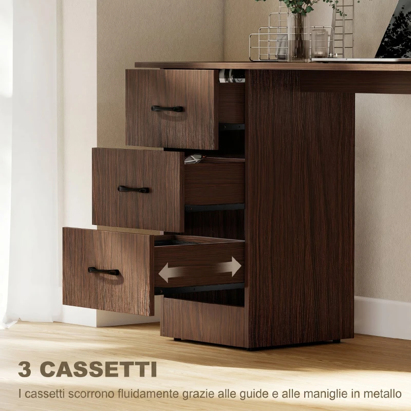 HOMCOM Scrivania Moderna con 3 Cassetti e 3 Ripiani per Camera e Ufficio, in Legno, 120x49x72 cm, Color Noce