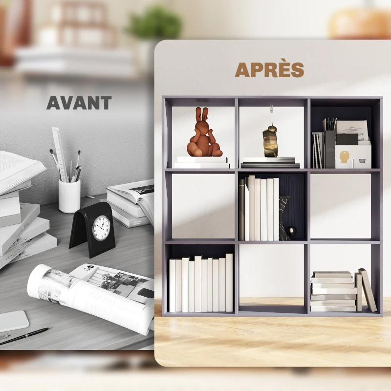 HOMCOM Bibliothèque, étagère de rangement à 3 niveaux avec 9 compartiments, pour salon, bureau, chambre, 91x29,5x91cm, gris