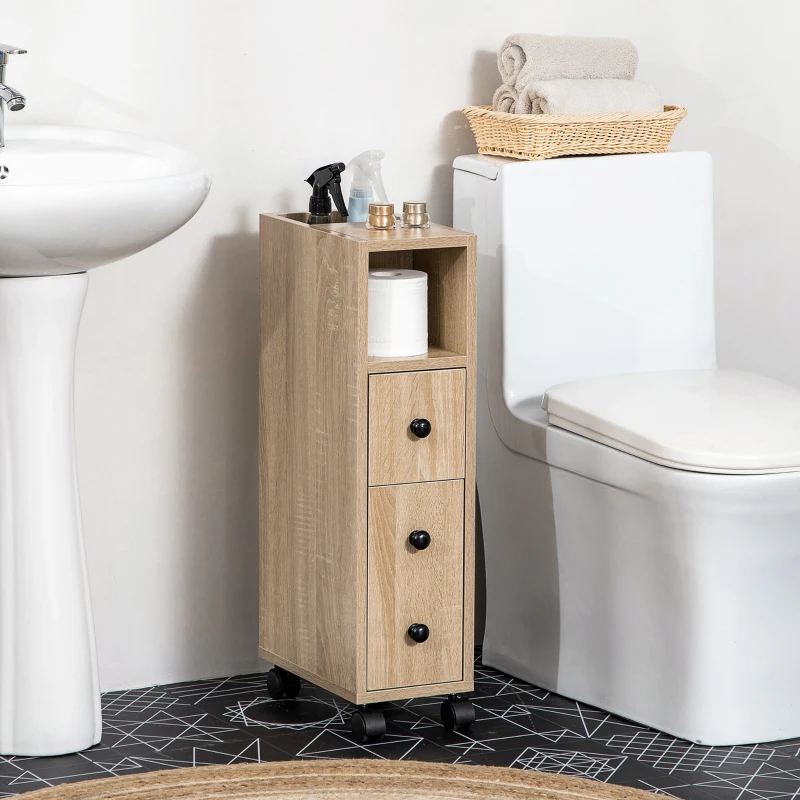 kleankin Mobiletto Bagno a 4 Ruote con Ripiano Aperto, Cassetto e Armadietto, in Legno, 18x30x68.5 cm, Color Rovere