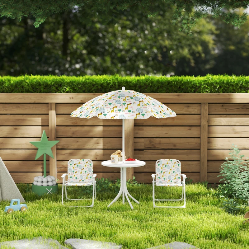 AIYAPLAY Conjunto de Mesa y Sillas Infantil de Jardín 4 Piezas Sillas Plegables Sombrilla Ajustable Diseño de Elefantes Blanco