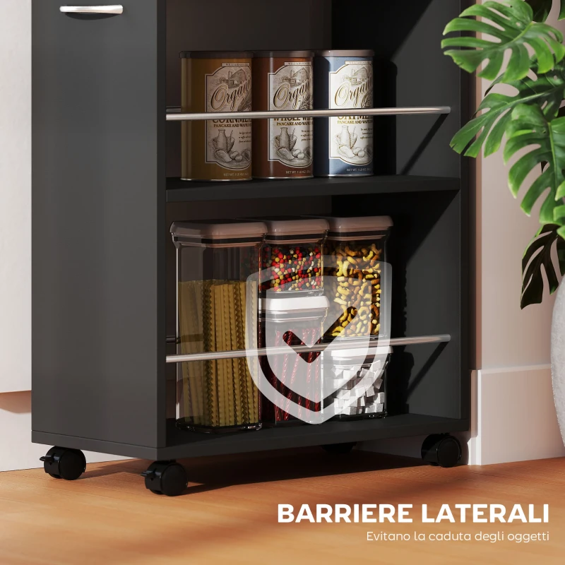 HOMCOM Carrello da Cucina con 2 Ripiani Aperti, Cassetto e Parapetti, Legno e Acciaio Inox, 25x50x85 cm, Nero