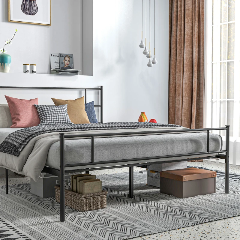 HOMCOM King Metal Bed Frame Solid Bedstead Base with Headboard and Footboard, Metal Slat Support and Underbed Storage Space, Bedroom Furniture, Black