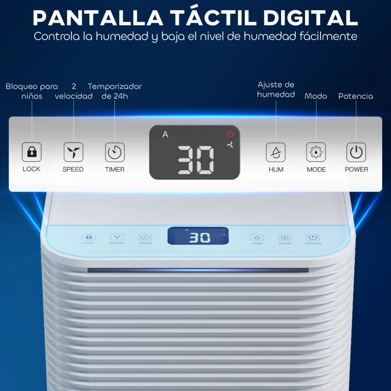 HOMCOM Deshumidificador 10L/día Silencioso con 3 Modos Pantalla LED Temporizado 24H Bloqueo Infantil y Drenaje Continuo Blanco