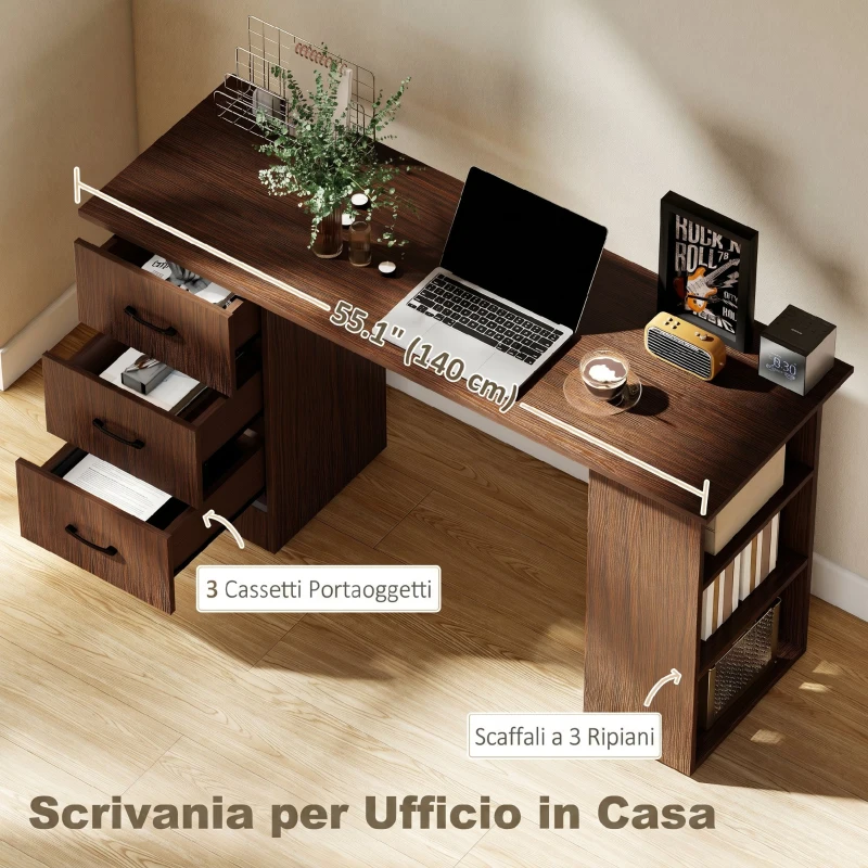 HOMCOM Scrivania Moderna con 3 Cassetti e 3 Ripiani per Camera e Ufficio, in Legno, 120x49x72 cm, Color Noce