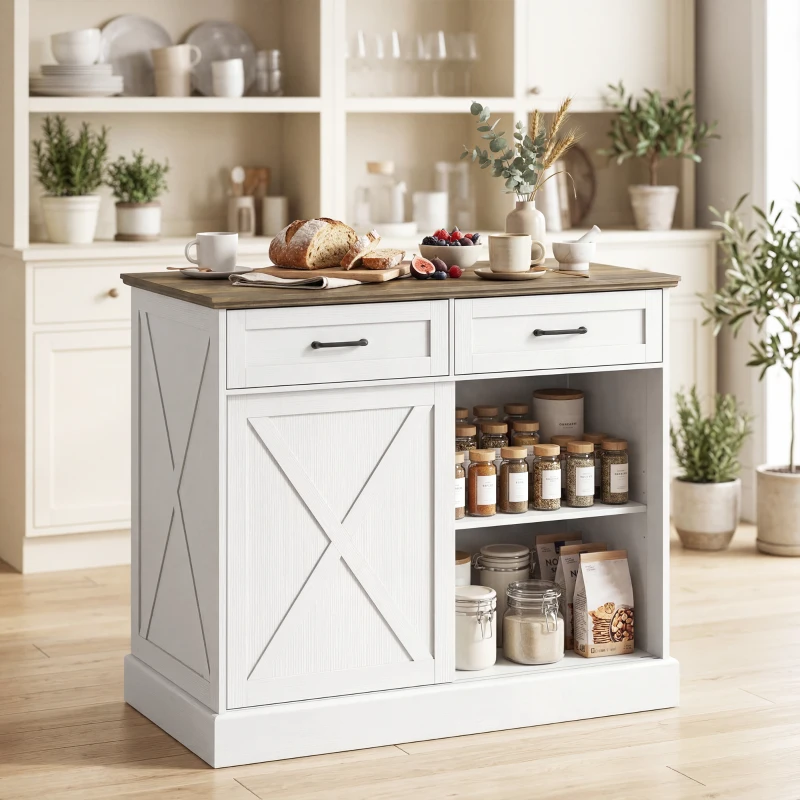 HOMCOM Îlot central cuisine, buffet cuisine, meuble de rangement avec 2 tiroirs 2 portes coulissantes, étagère réglable, blanc