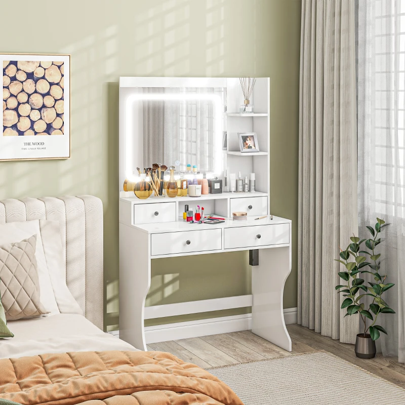 HOMCOM Toeletta Trucco con Luci LED 3 Tonalità e Specchio, Prese USB, 4 Cassetti e Mensole, 90x45x160cm, Bianco