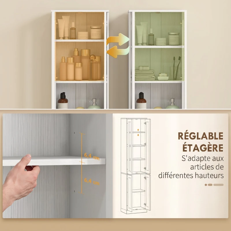 HOMCOM Meuble de Salle de Bain 6 niveaux, Meuble de Rangement avec 4 Portes à Fermeture Douce et Étagères Réglables, Blanc