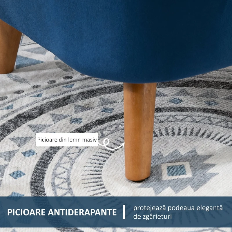 HOMCOM Fotoliu Living Tapițat cu Velur și Perna Groasă, Picioare din Lemn de Cauciuc și Brațe, Albastru