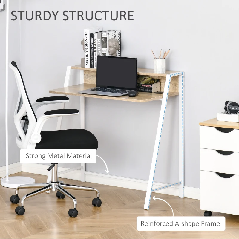 HOMCOM Writing Desk Computer Table Home Office PC Laptop Workstation Storage Shelf 84L x 45W cm White and Oak