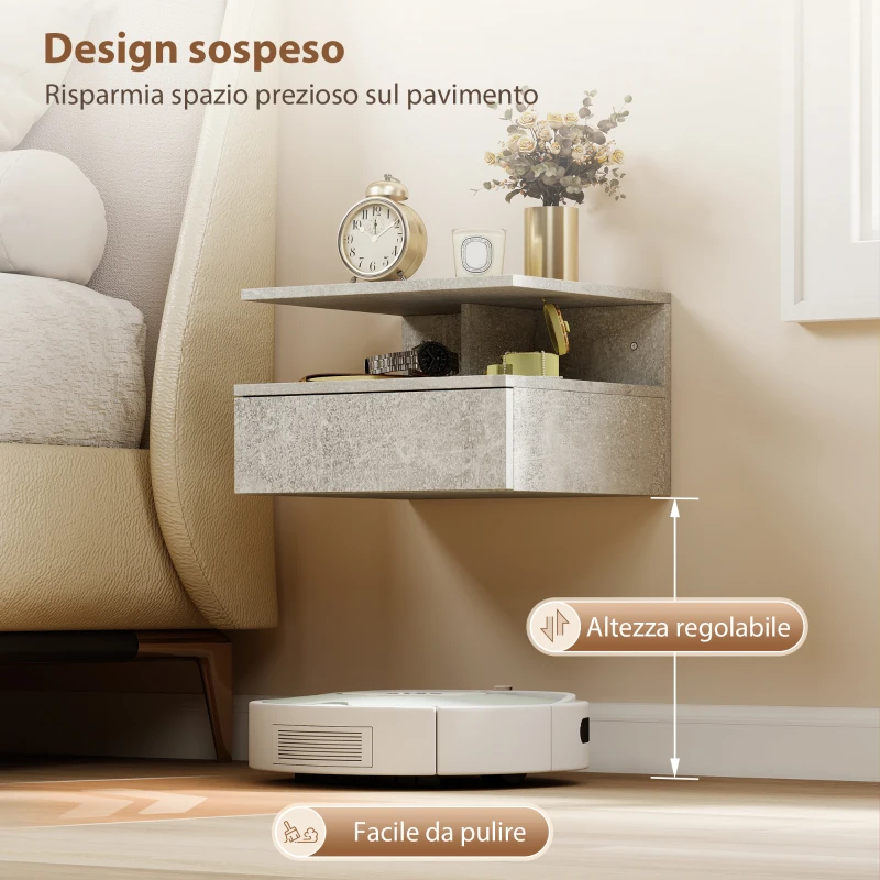 HOMCOM Set di 2 Comodini Sospesi con Cassetto e Mensola Aperta, 35x32x22.5 cm, Grigio Cemento
