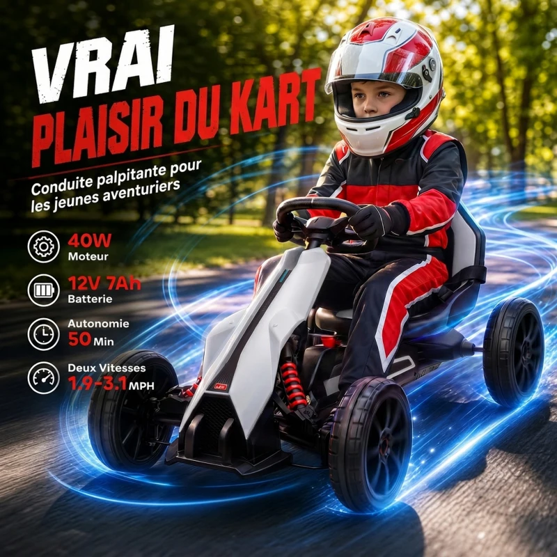 HOMCOM Kart électrique pour enfant 12V - Vitesse réglable 3-5km/h pour enfants de 3 à 8 ans - siège réglable - blanc(m-4)
