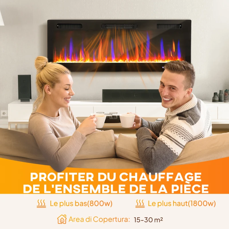 HOMCOM Cheminée électrique mural ou encastrable 900W/1800W, effet flamme à 12 couleurs 5 luminosités, 127 x 9,4 x 47 cm, noir